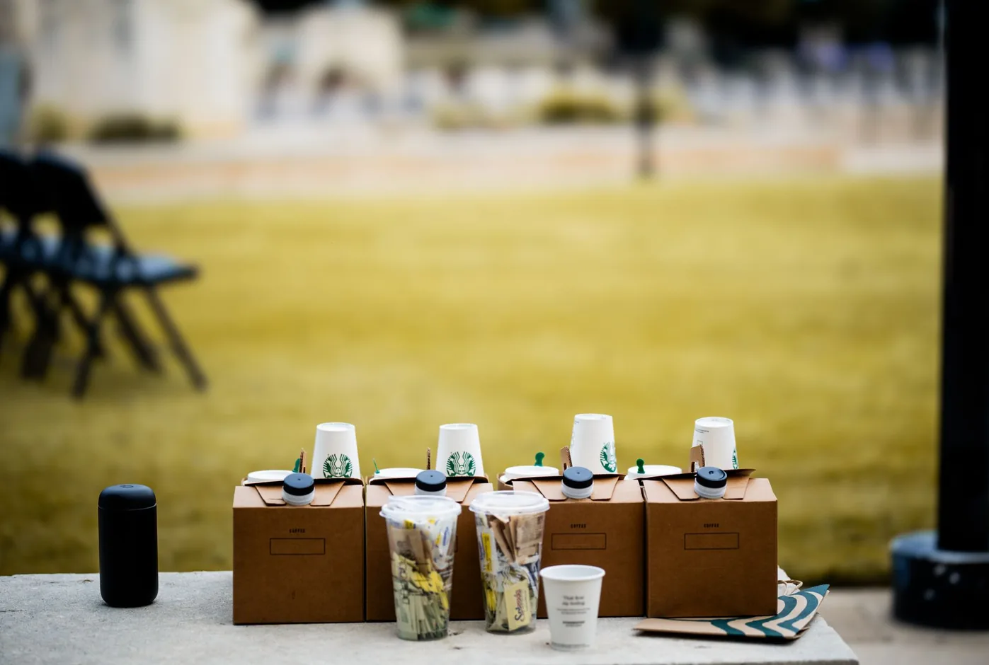 Takeaway coffees set out at an event
