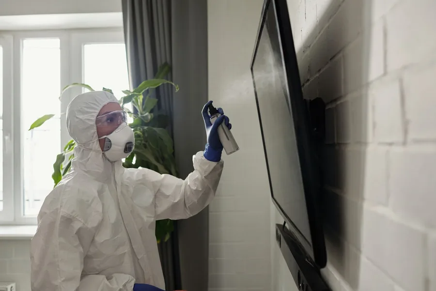 A technician treating a room indoors
