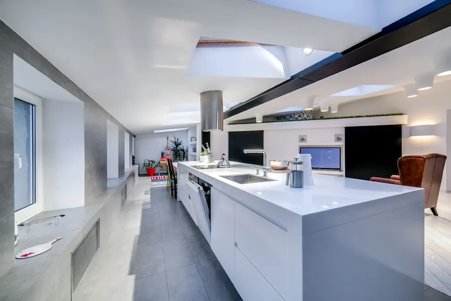 A finished open plan kitchen extension with rooflights