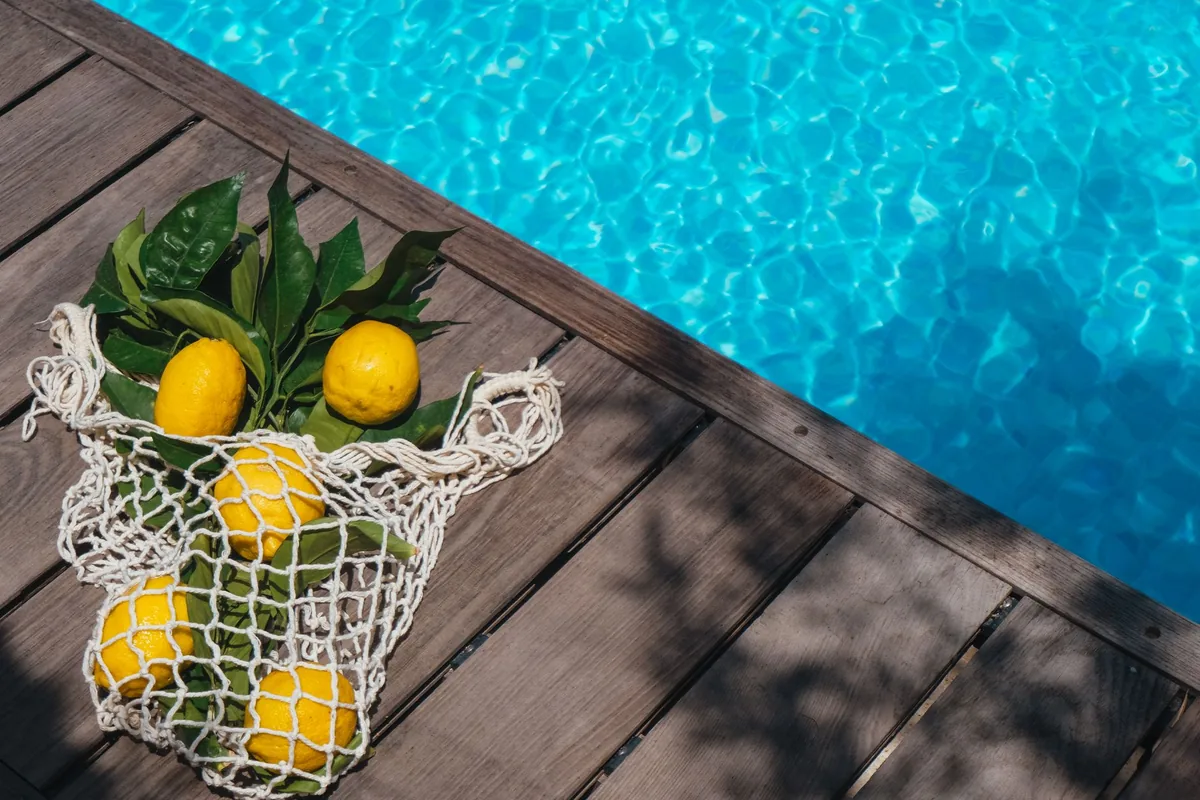 Clear pool water in strong sunlight