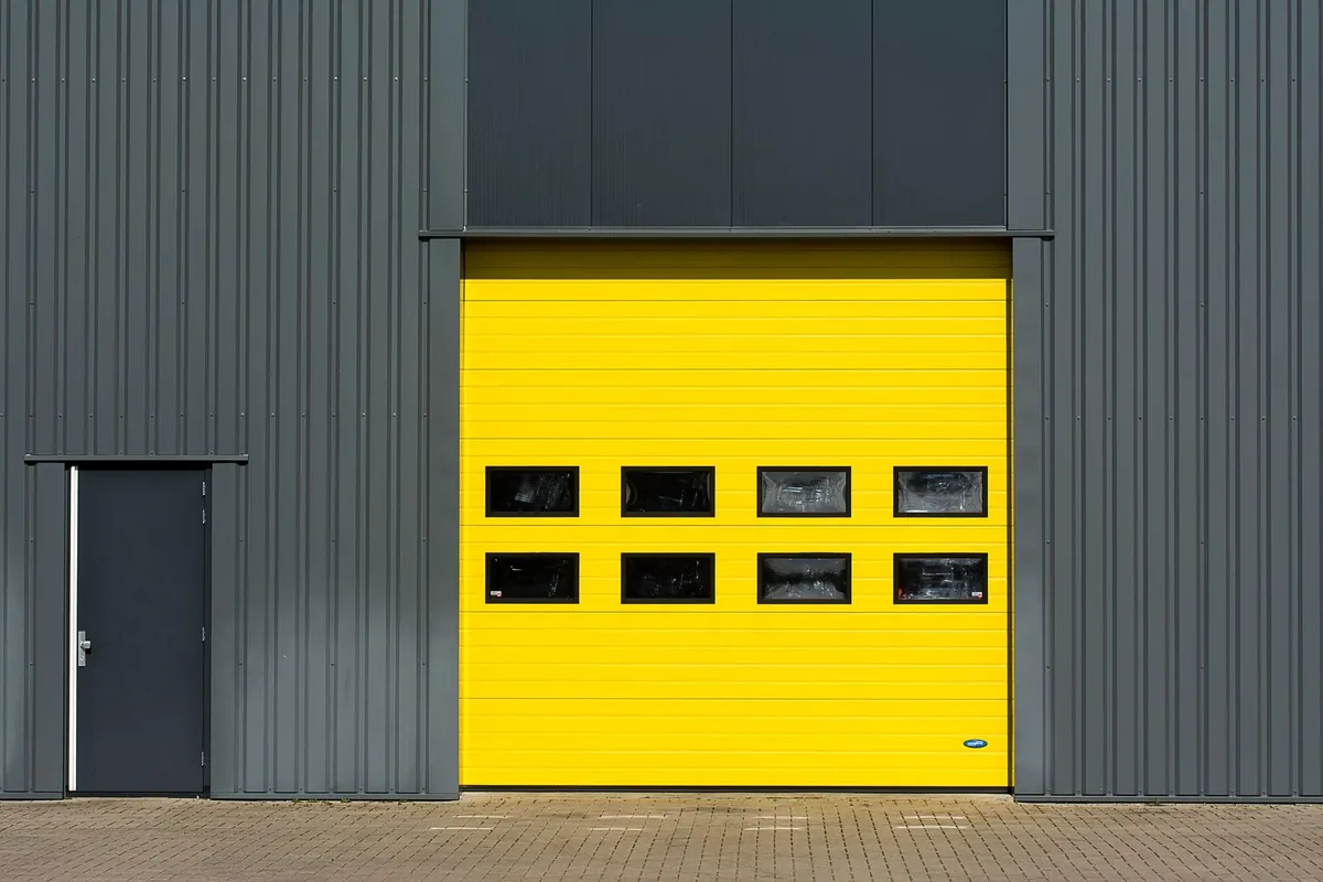 A yellow insulated sectional door on a dark clad building