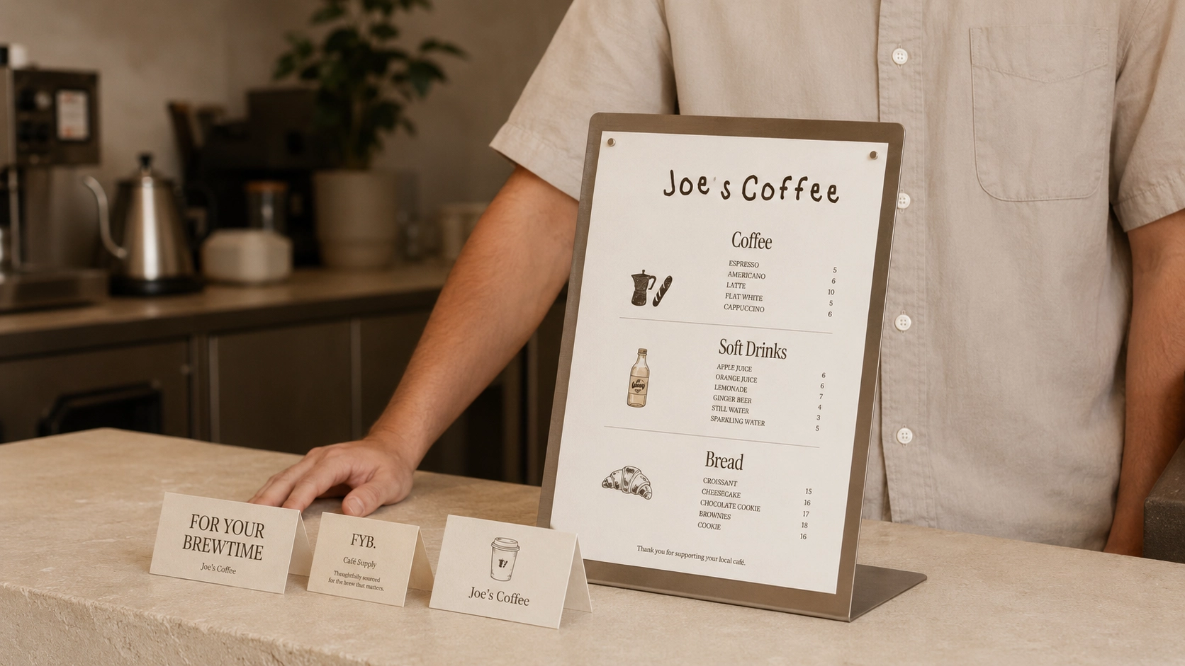 A printed Joe's Coffee menu board on a counter