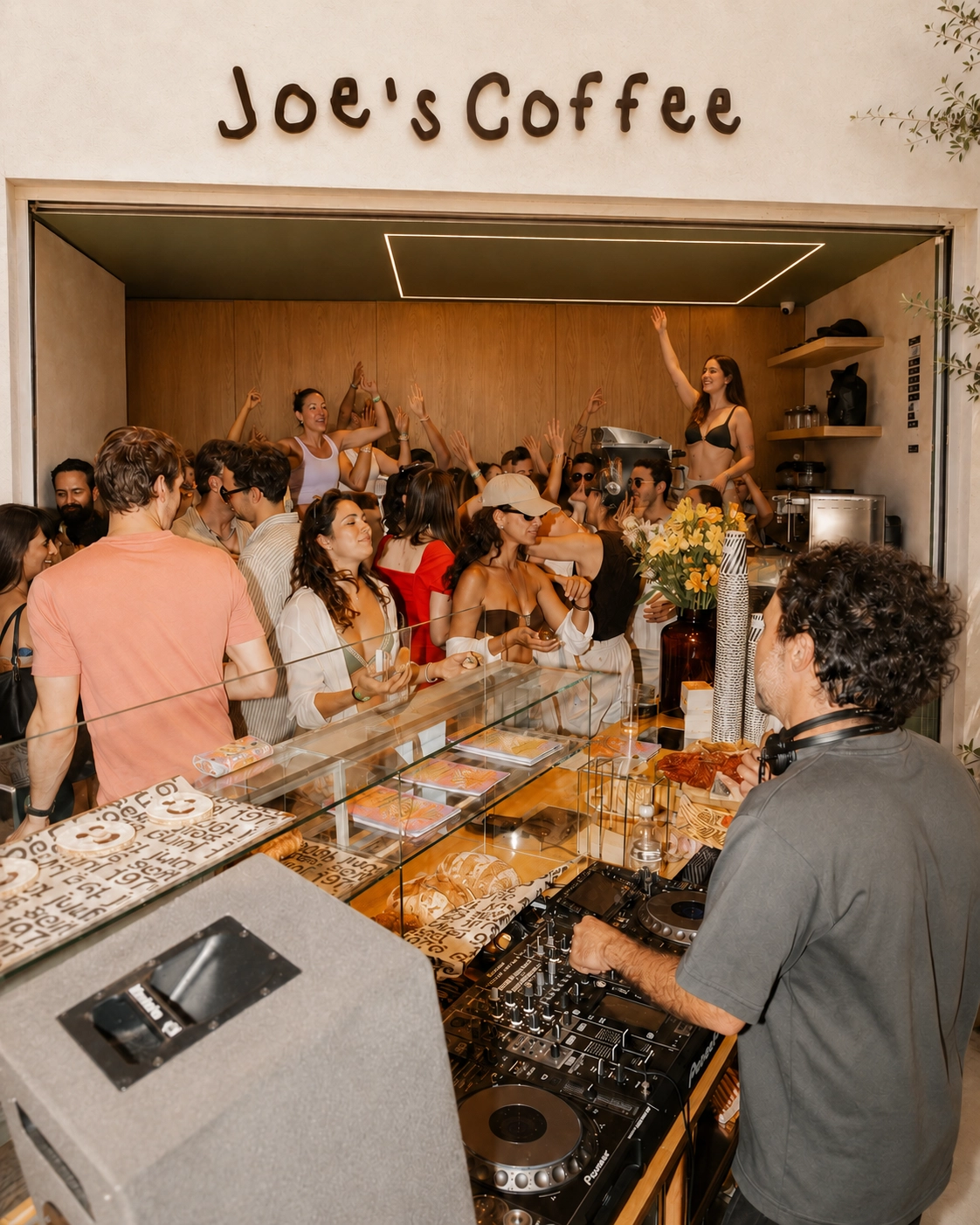 A full room of guests at a Joe's Coffee party