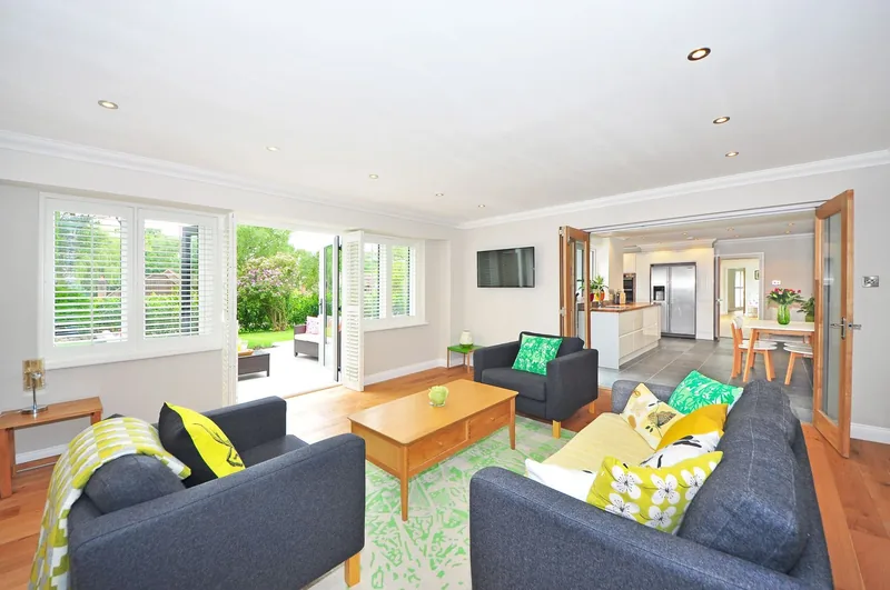 An open plan living room after rebuild