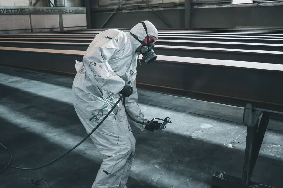 A technician in protective gear treating mold