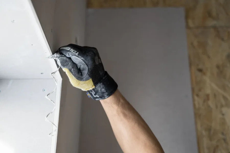 A gloved hand finishing new drywall
