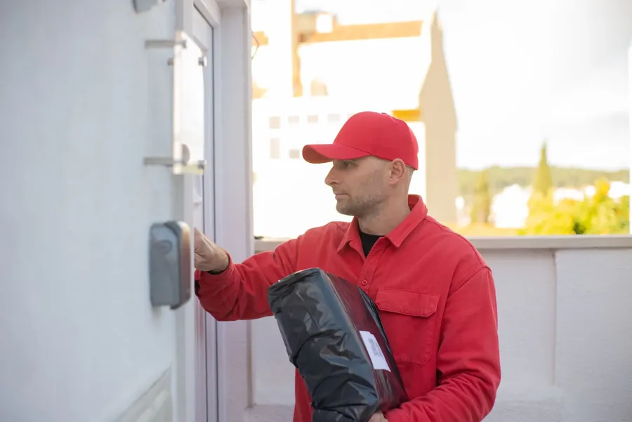 A delivery driver with a parcel at a front door