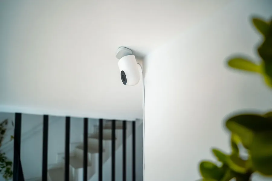 A small indoor camera on a white wall above a staircase