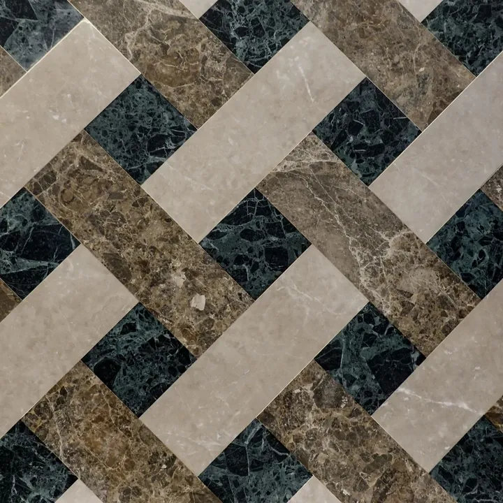 A marble look basketweave porcelain tile sample
