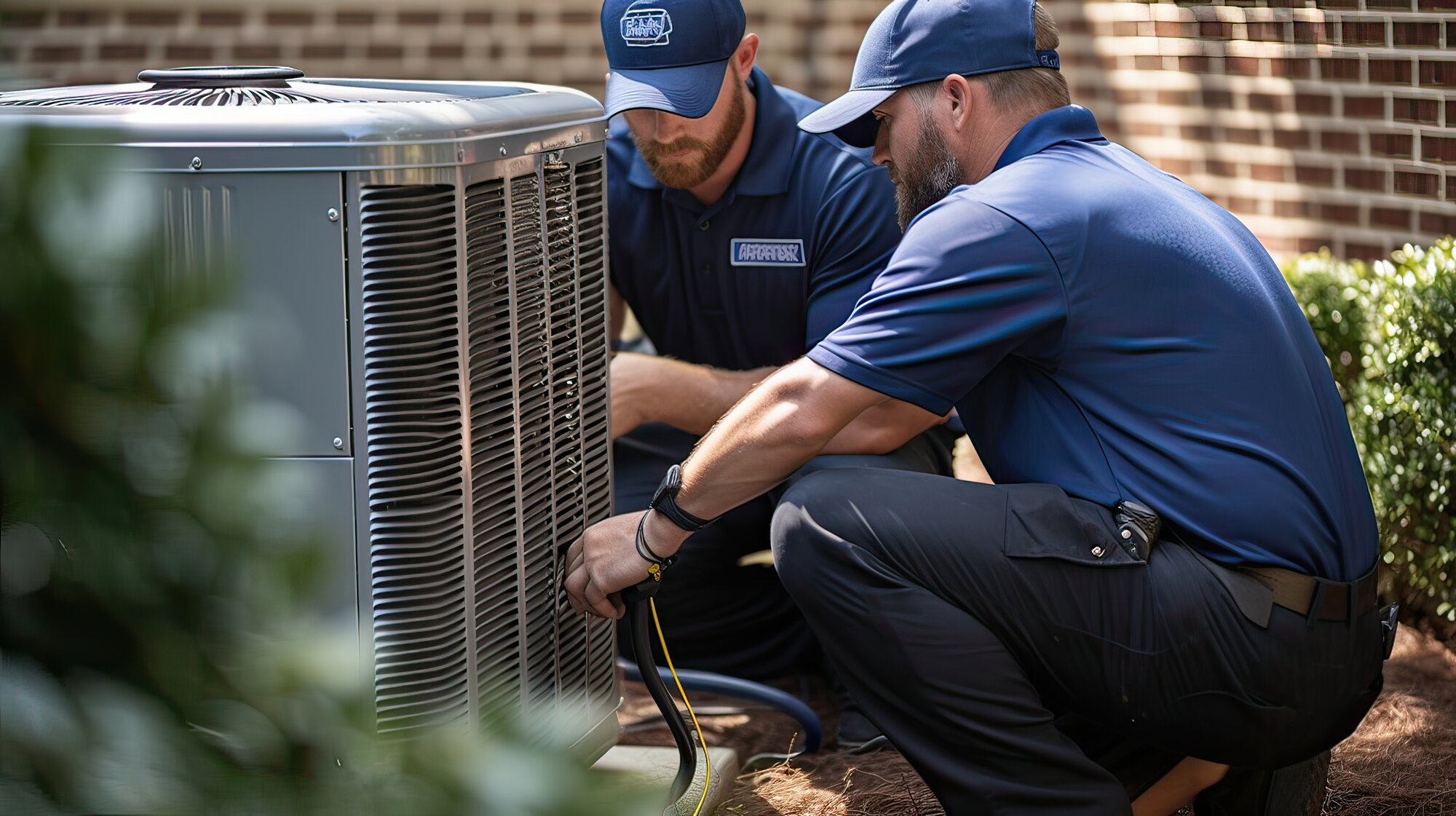 Two AirPro technicians servicing an outdoor condenser unit