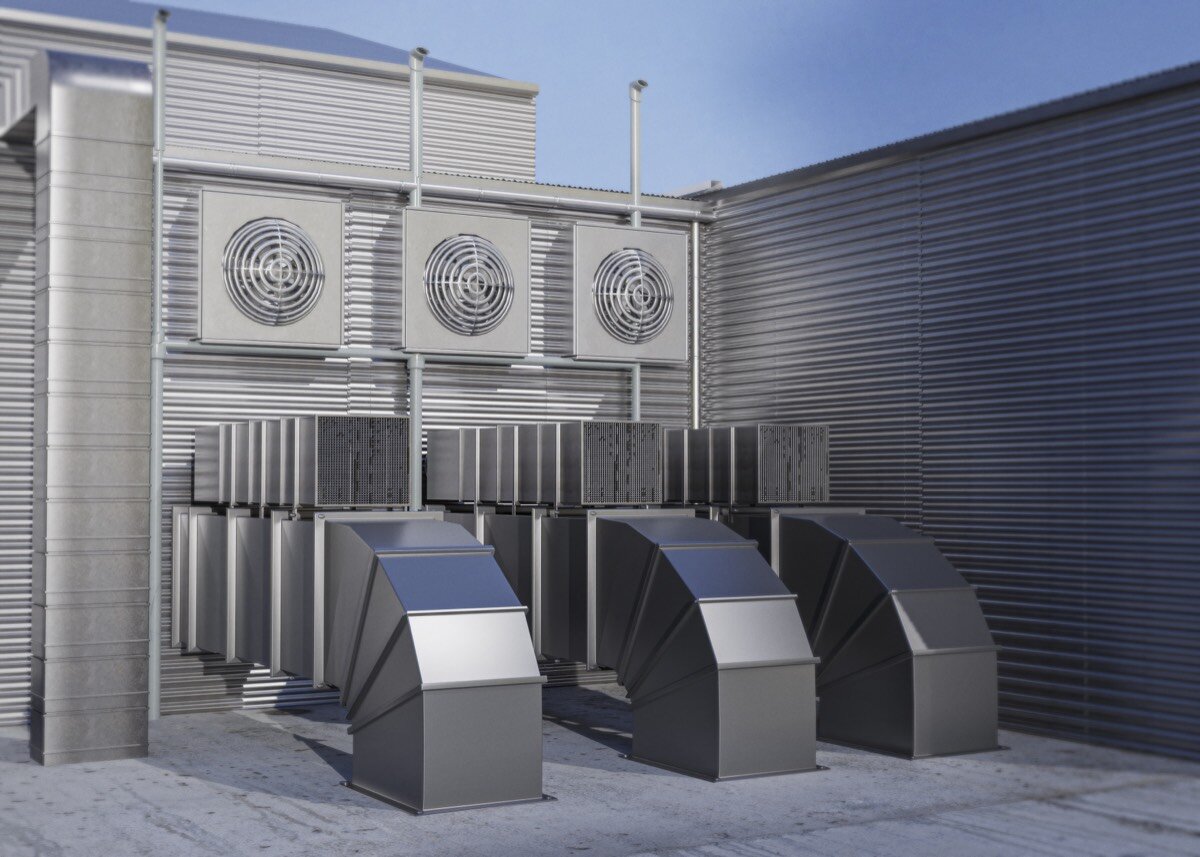 Row of commercial rooftop heating units