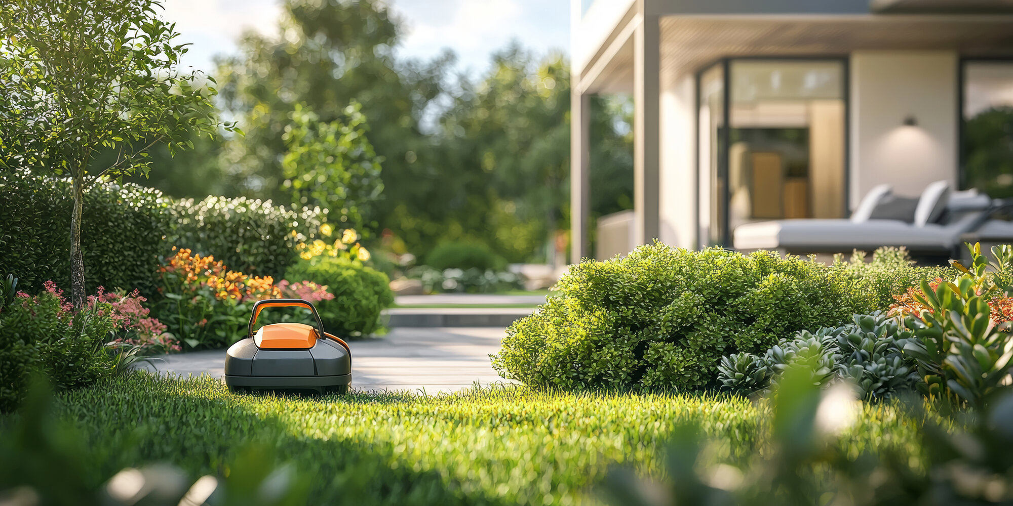 Manicured garden with a robotic mower on a striped lawn