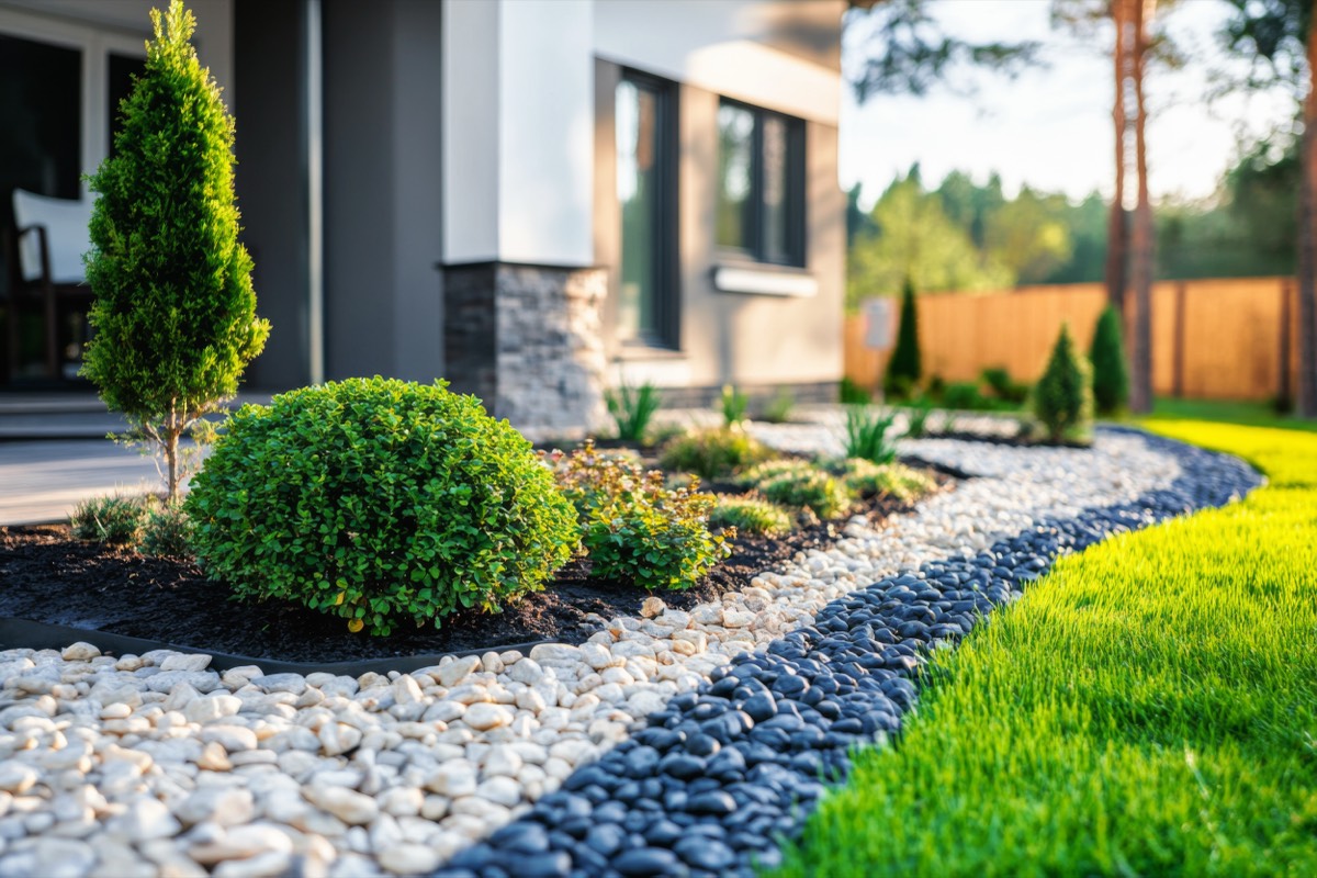 Designed front garden with pebble borders