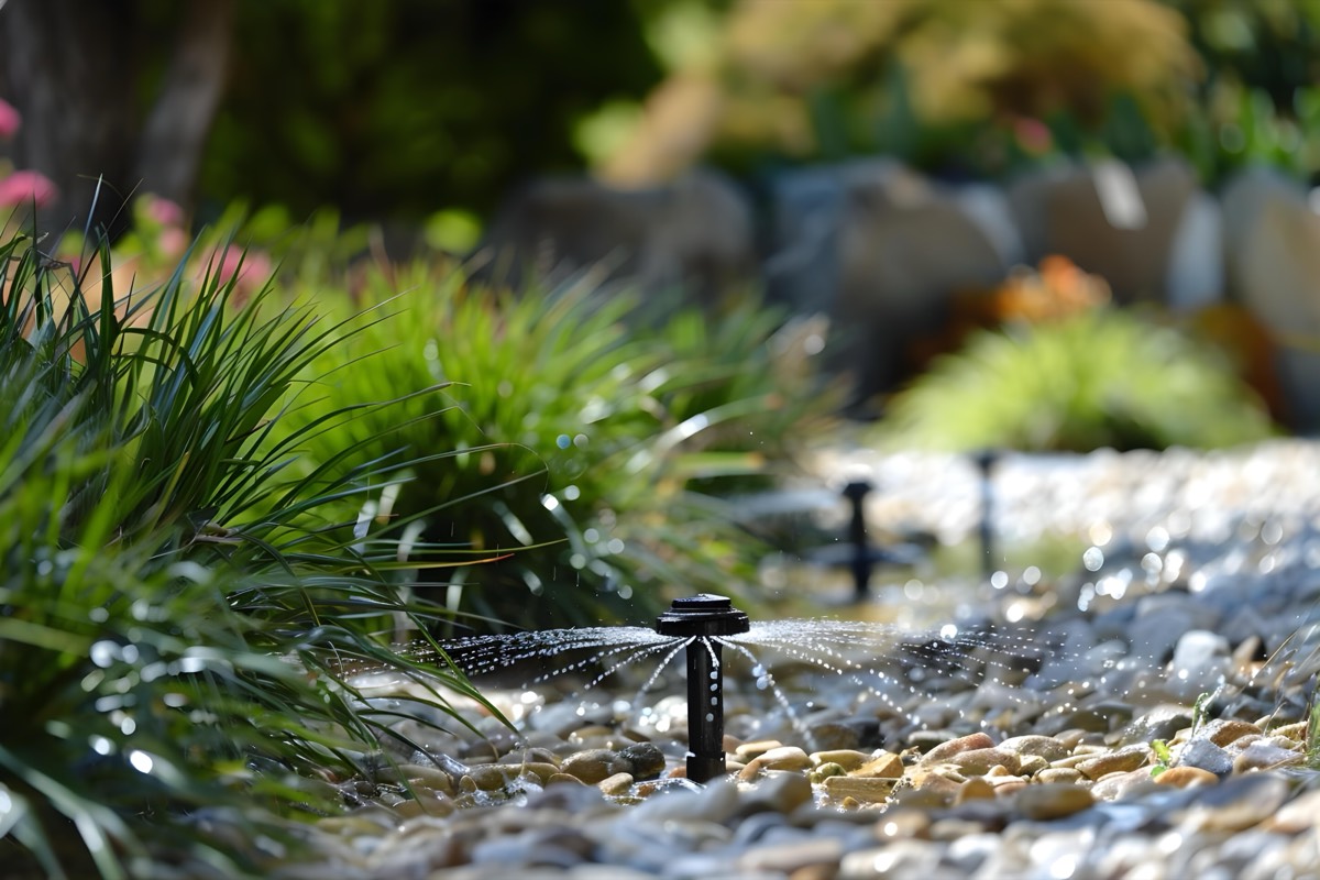 Sprinkler watering a garden bed