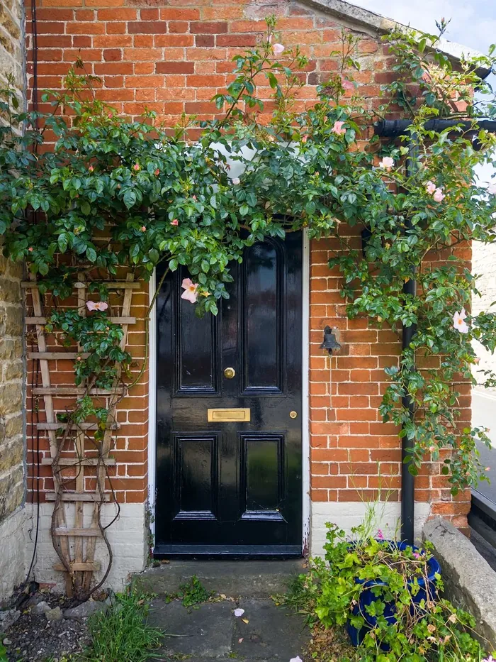 A black front door framed by climbing roses