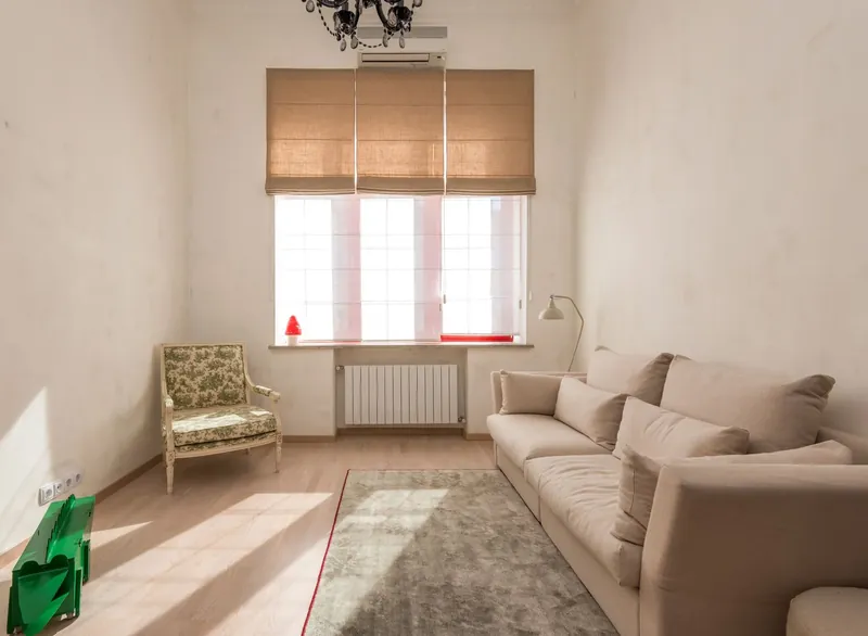 A bright living room with a pale roller blind