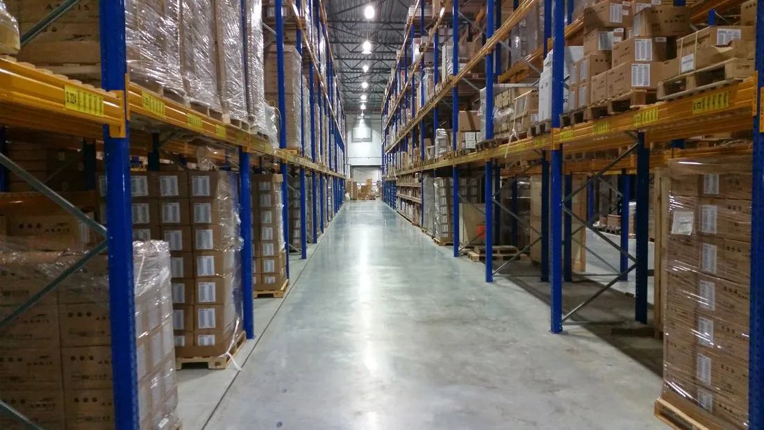 Warehouse racking beside a break area