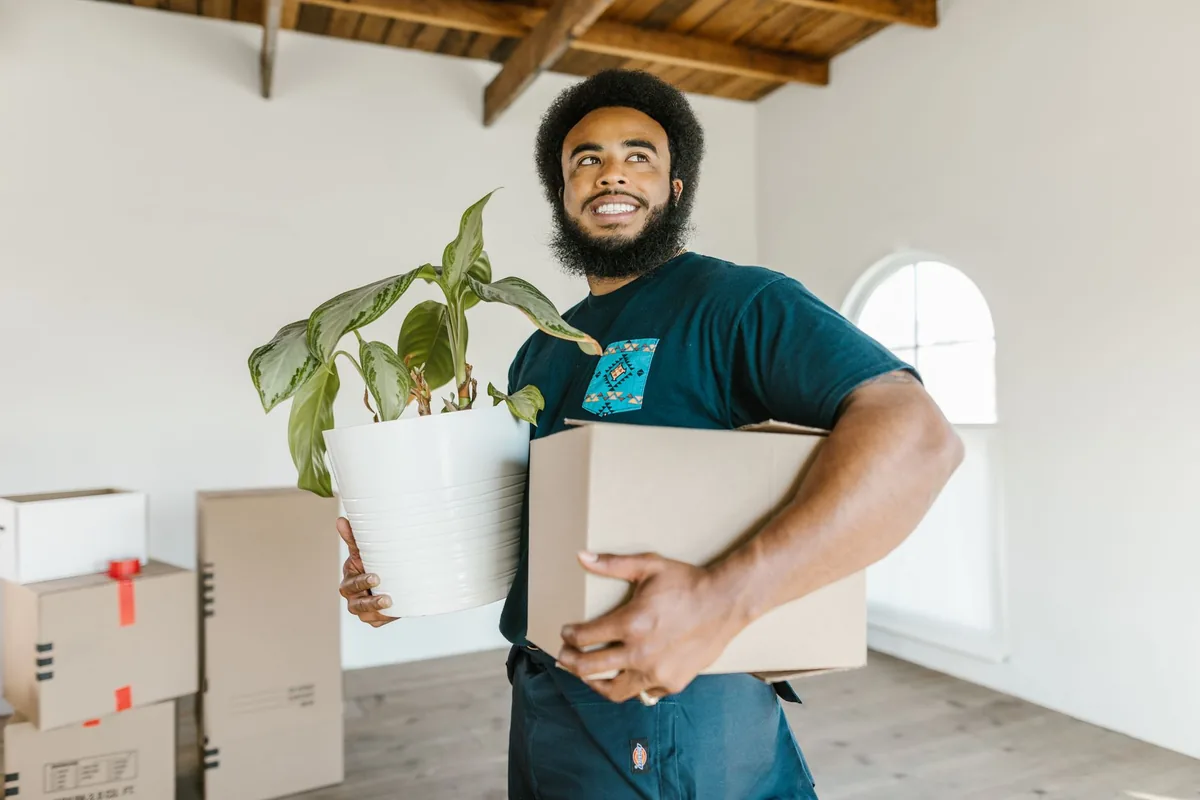 A mover carrying a box and a plant