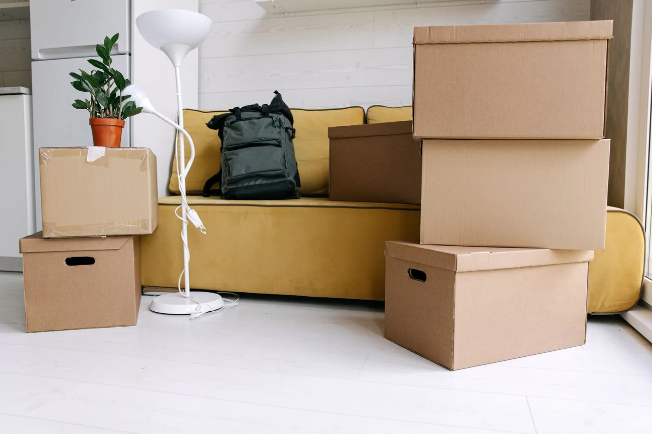 Boxes and furniture in a storage unit