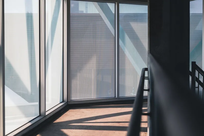 Tinted glass in a bright office