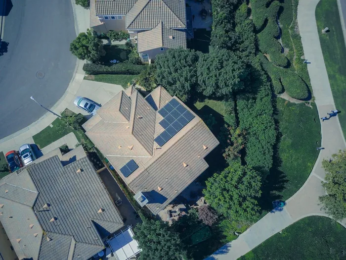 An aerial view of a roof being surveyed