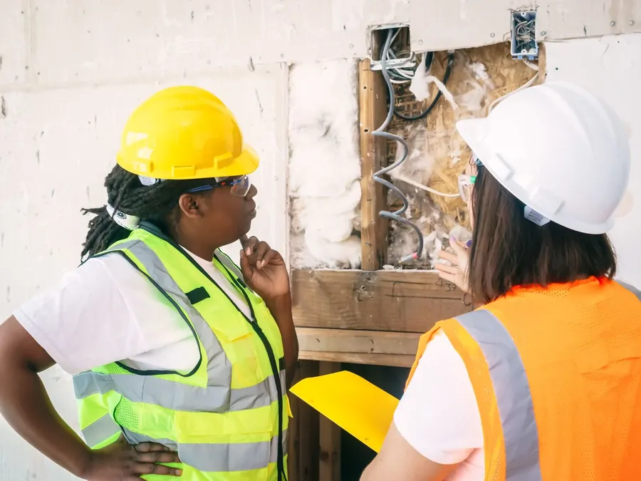 Two surveyors in hard hats looking into an opened wall