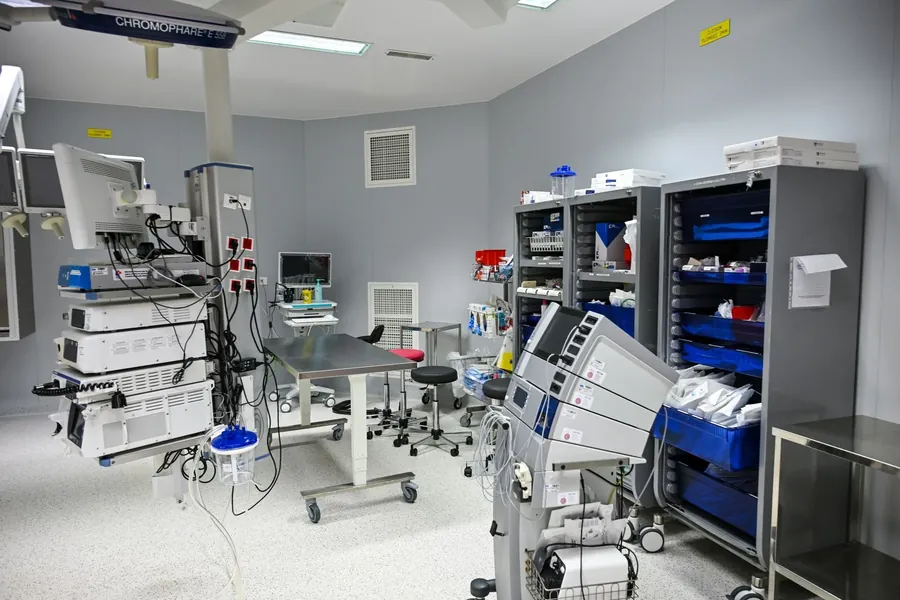 An operating theatre with anaesthetic and monitoring equipment